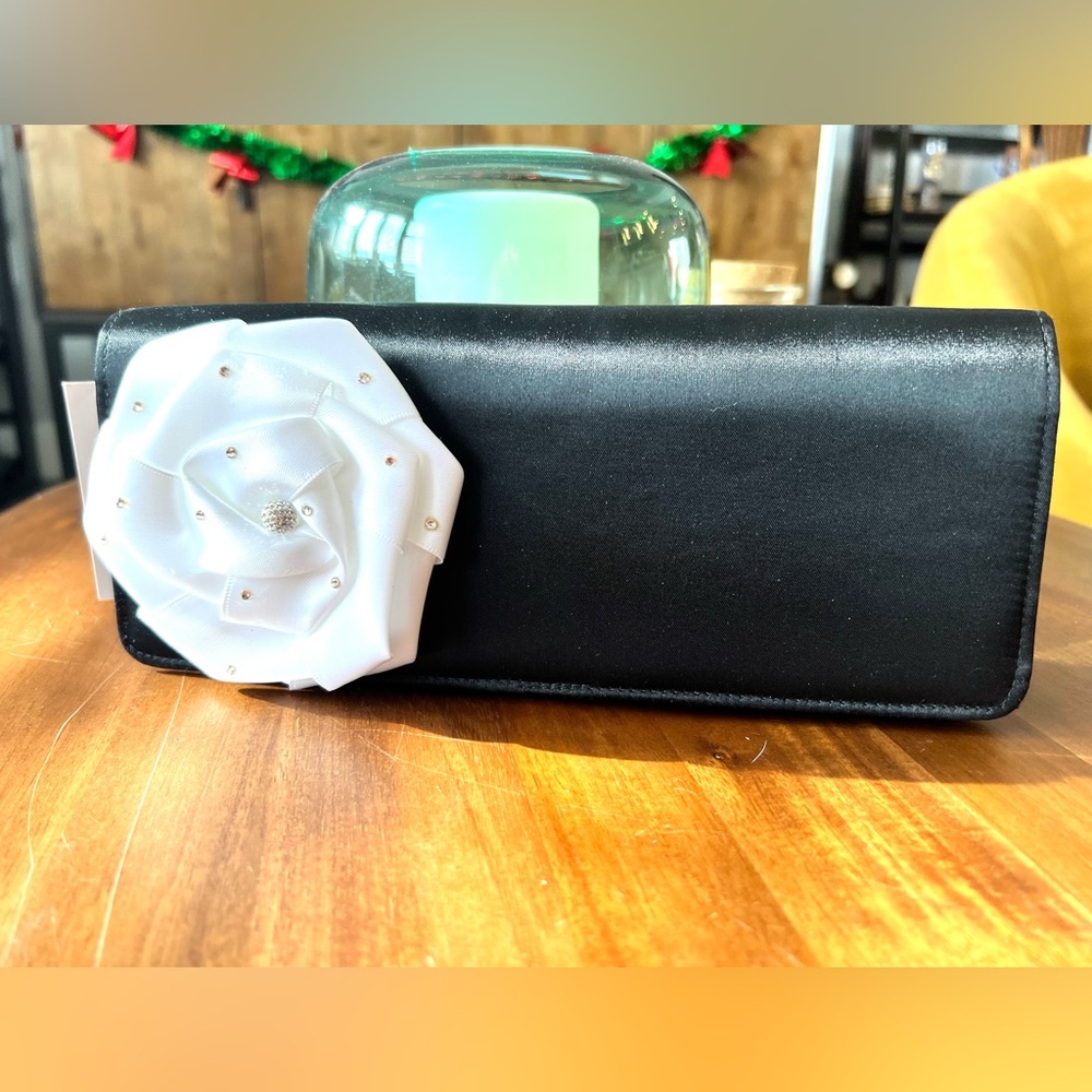 Nina Aurore Black Clutch Bag with Satin Rose